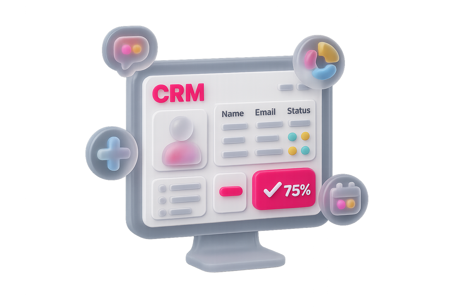 Interfaz digital de CRM con información de clientes, tareas, calendario y seguimiento de progreso