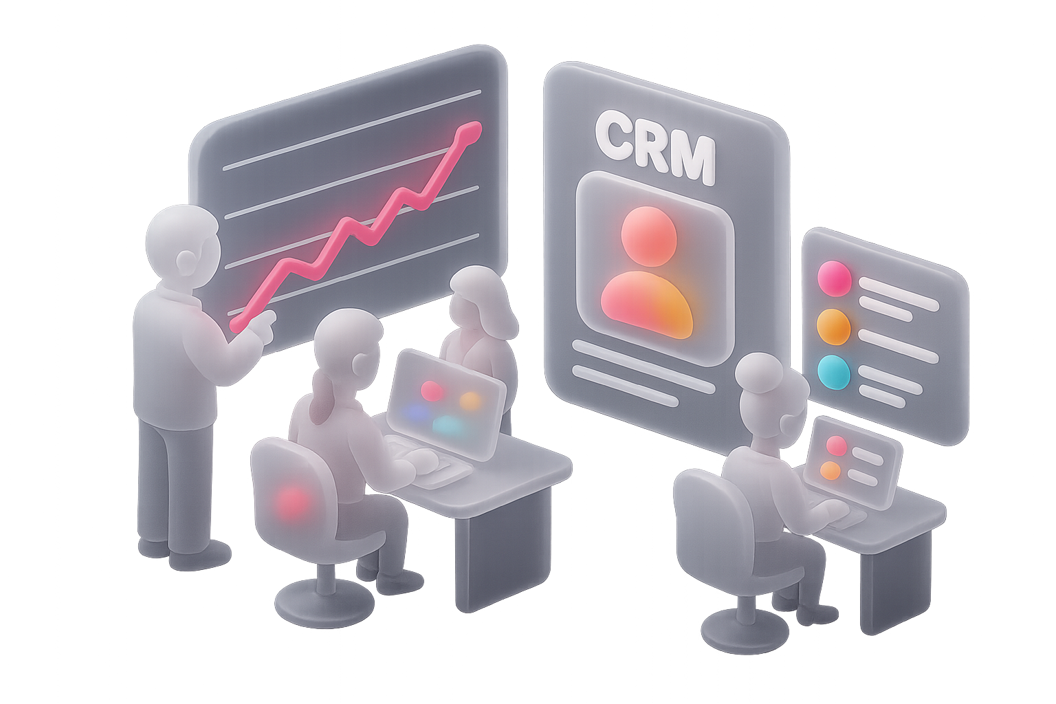 Ilustración de equipo de trabajo utilizando un CRM personalizado para analizar métricas empresariales