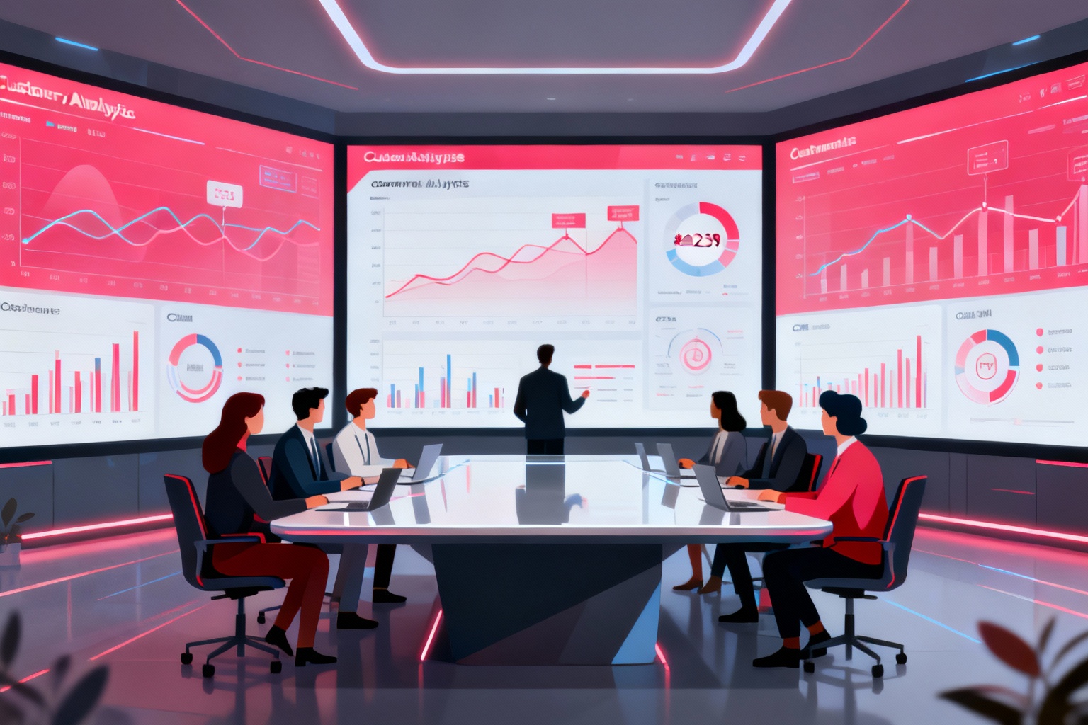 Reunión empresarial en sala de análisis de datos con paneles CRM en pantallas gigantes